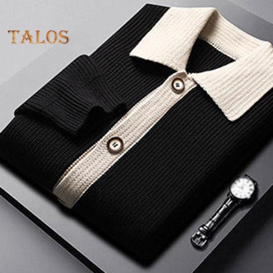 Casaco suéter masculino grosso com botões e fechamento em bloco de cores, gola virada para baixo, malha solta, casaco quente para outono e inverno, cardigan, agasalho