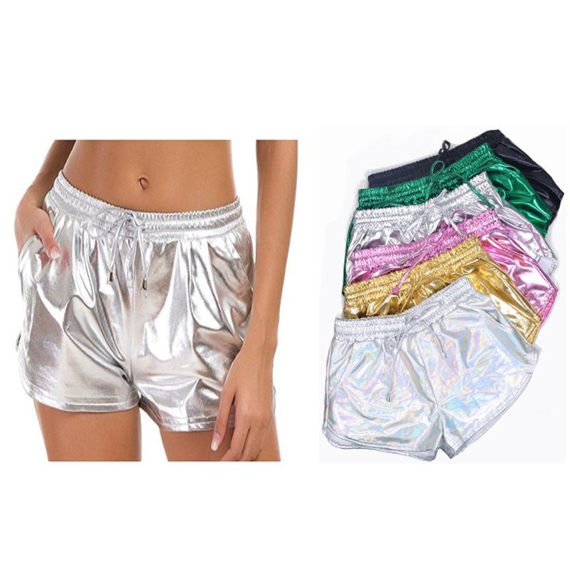 Dámské kovové lesklé šortky Běžecký jogger Jóga Disco Dance Hot Kalhoty Stahovací šňůrka v pase Outfity Krátké kalhoty