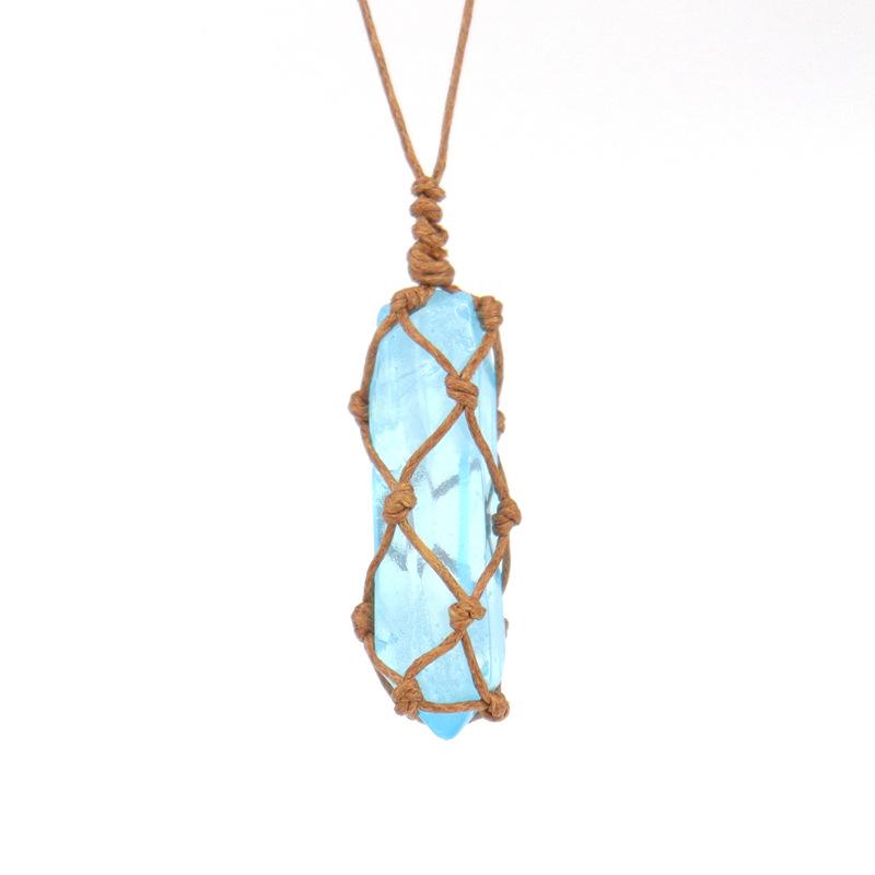 Natural Stone Crystal Column Mesh Pocket Hand-Woven Necklace Pendant, Adjustable N562