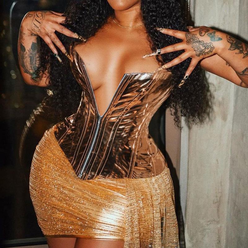 Women's Sexy and Fashionable Metallic Shiny Leather Chest Wrap Top Slim Vest Waistband