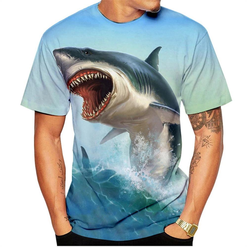 

3D Printed Ferocious Shark T Shirt For Men Ocean Animal Pattern T-Shirts Summer Fashion Round Neck Loose Tops Short Sleeve Tees M