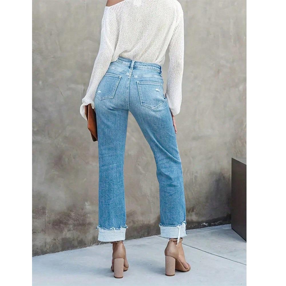High Waist Stretch Denim Jeans for Women Solid Color Slim Straight Pants Pantalones de mujer