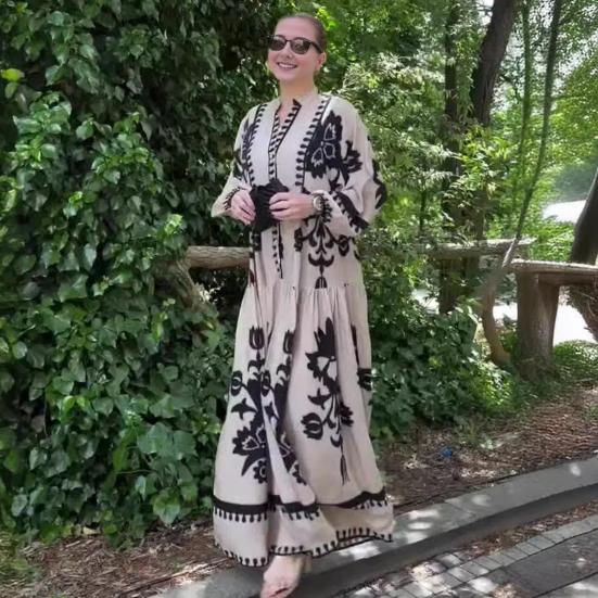 Lady Spring Maxi Dress V Neck Retro Contrast Color Printed Long Sleeves Loose Single-breasted A-line Patchwork Casual Daily Dress