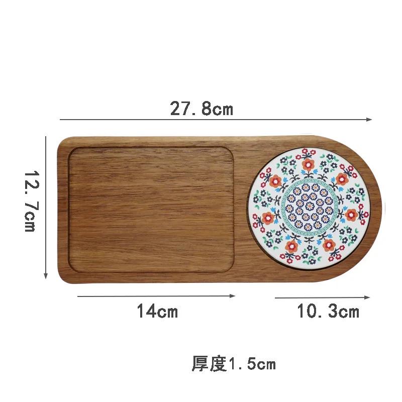 Japanese Wooden Tray with Ceramic Coaster for Cups Plates Retro Bread Dessert Breakfast Display
