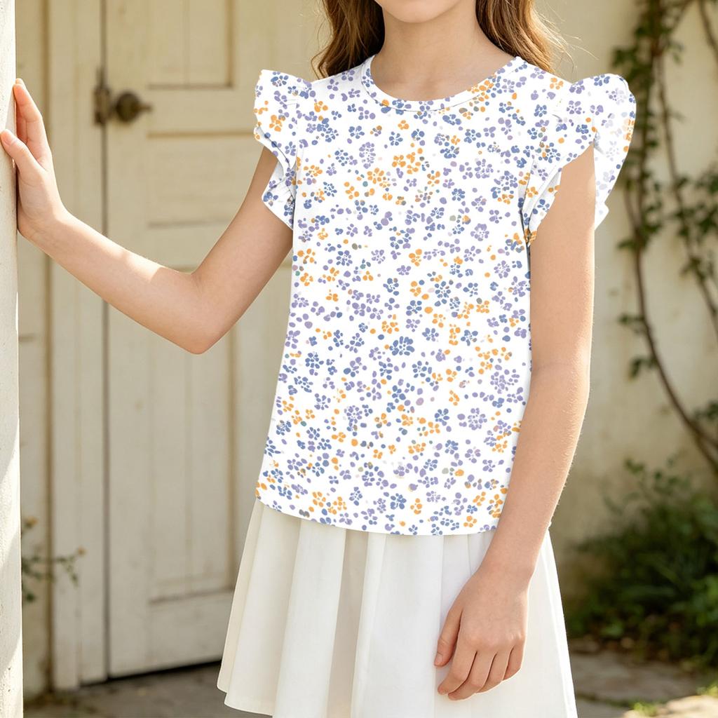 Girls' Short Sleeve Floral Print Ruffle T-Shirt - Casual Round Neck Top for Spring and Summer