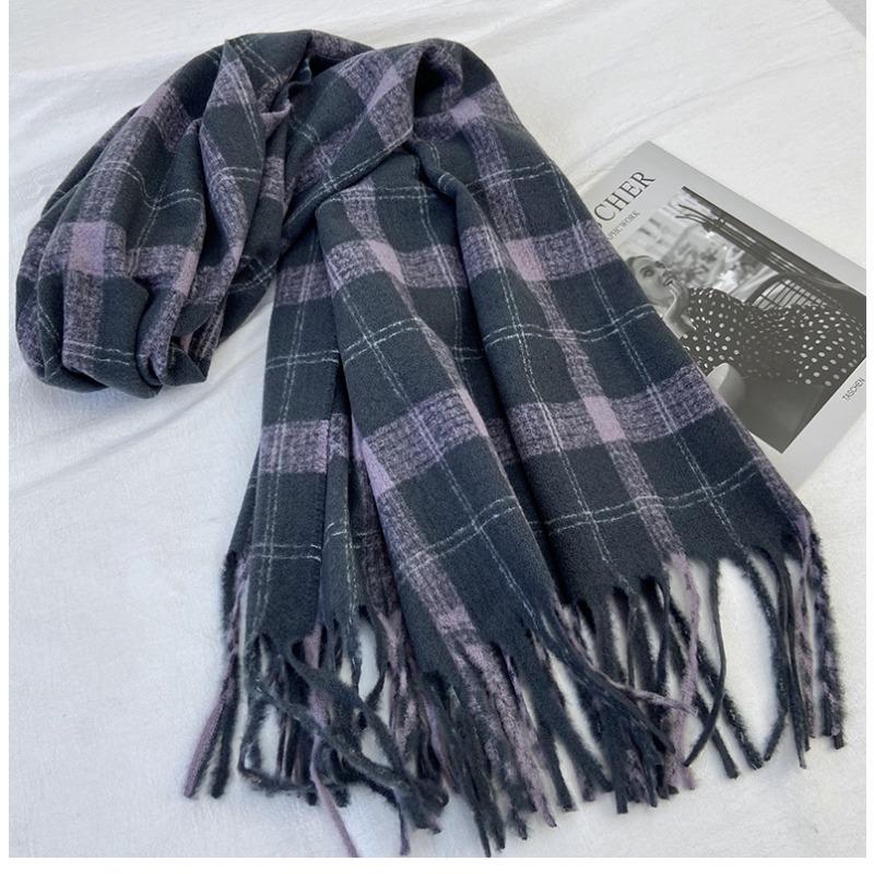 Luxury Autumn Winter Korean Plaid Scarf Women Thickening Warm Tassel Shawl Cashmere Imitation Muffler Fashion Designer Scarves