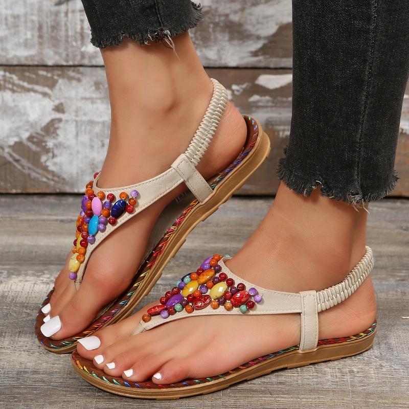 Sandals women's summer new beach shoes herringbone beaded flat sandals large size women's sandals