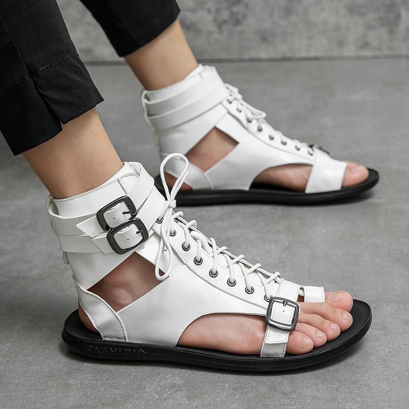 Hot Sale Luxury Men Roman Sandals Designer White Flat Sandals Men Open-toe Summer Shoes Man Comfortable Lace-up Leather Sandals