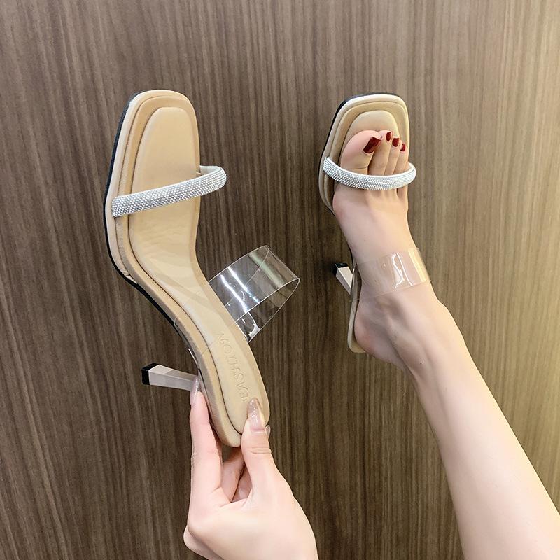Fashion Slippers women square head fish mouth one word high heel sandals new 2025 fairy style stiletto fashion sandals