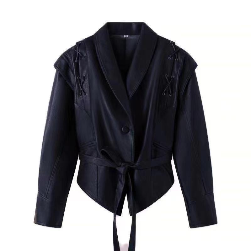 2024 Autumn/Winter Cross-border Fashion Lapel Tie Long Sleeve Leather Jacket