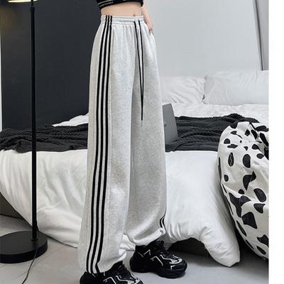 Damen Herbst und Winter Neue Hochtaillierte Lockere Lässige Weitbeinige Hosen Gerade Gestreifte Sporthosen