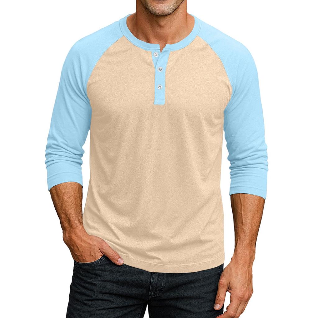 Men's Button-Down Contrast Raglan 3/4 Sleeve Top