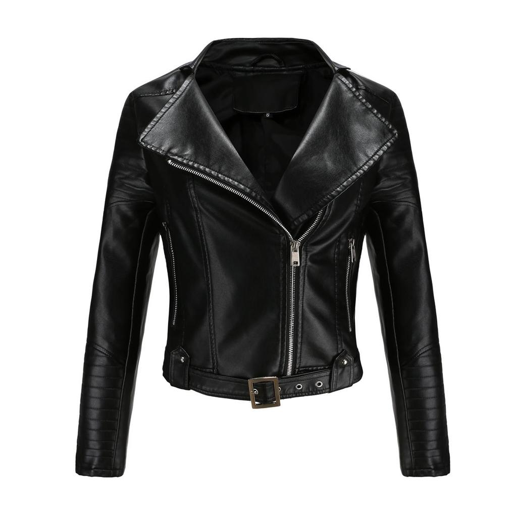Punk Style Jackets for Women Faux Leather Lapel Tie Belt Motorcycle Short Coat Long Sleeves Zipper Outwear Bomber Tops