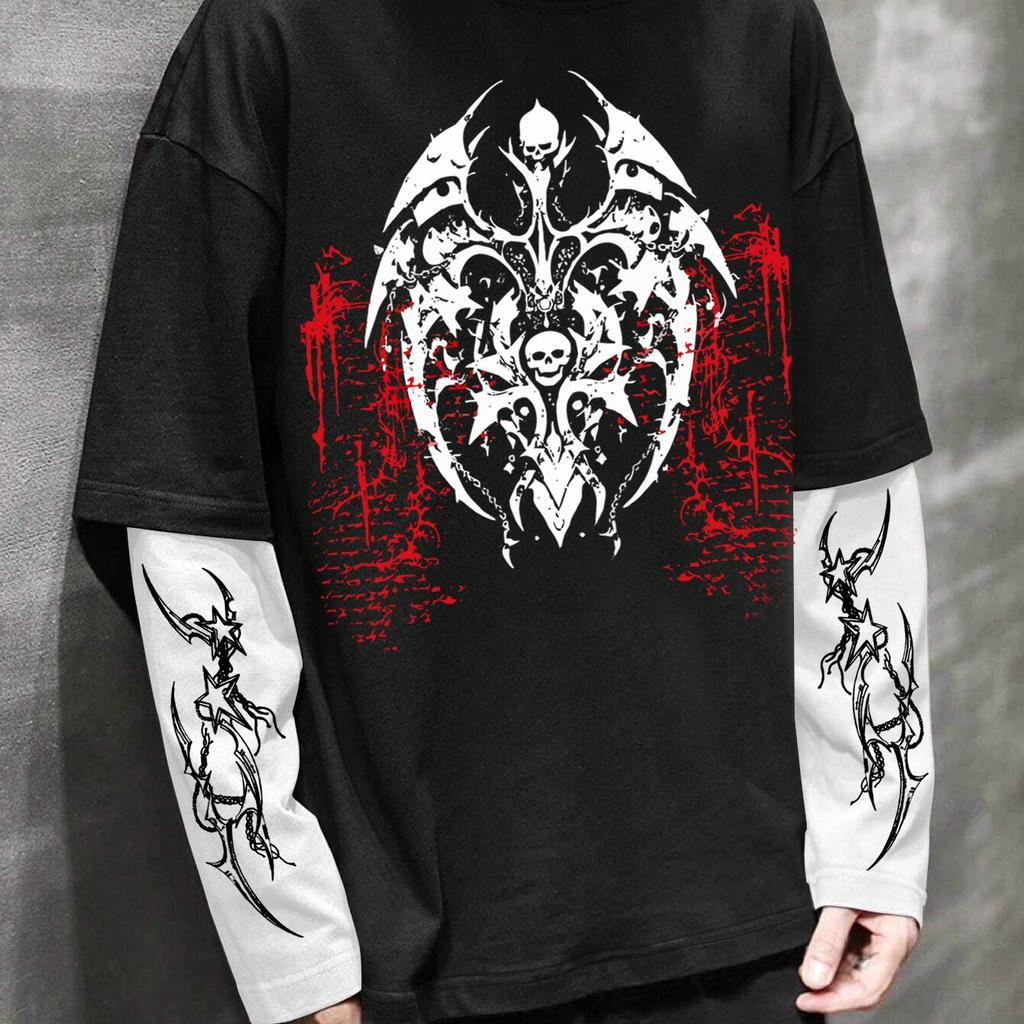 Men'S High Street Hip-Hop Dark Style Double Sleeve Print T-Shirt, a Fashionable New Arrival for Spring