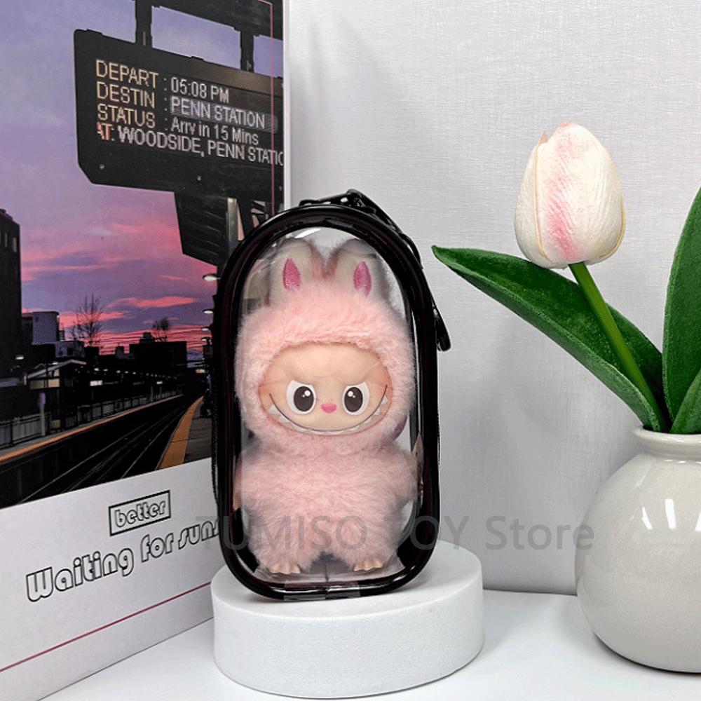 For LABUBU MONSTERS Transparent Colorful Protector Case Doll Accessories Organizer Plush Doll Display Bag Outdoor with Keychain