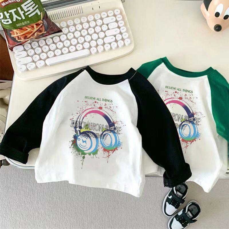 Kids Cotton Long Sleeve T Shirt Spring Autumn Korean Raglan Round Neck Cartoon Top Unisex Base Layer Trendy Tee