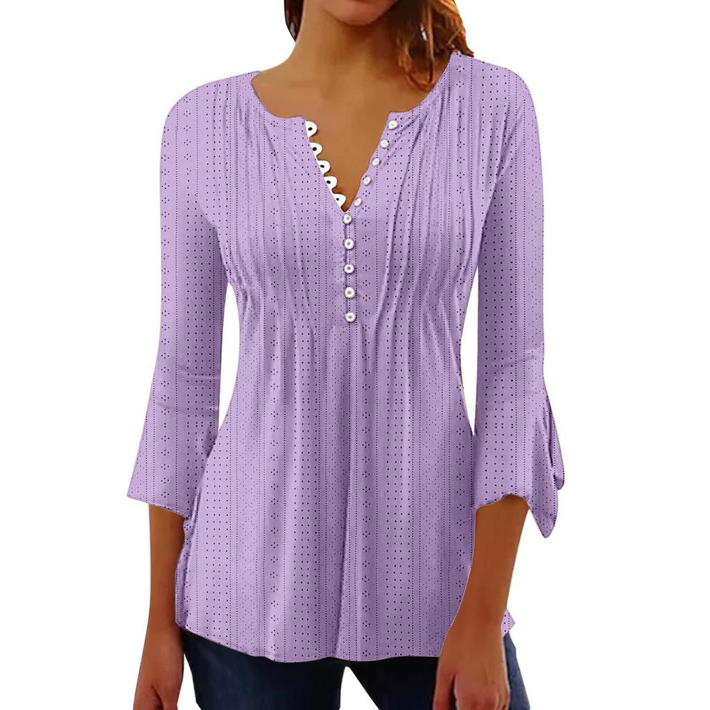 Solid Color Hollow Out V Neck Button Petal Sleeve Loose Commuting Women T Shirt