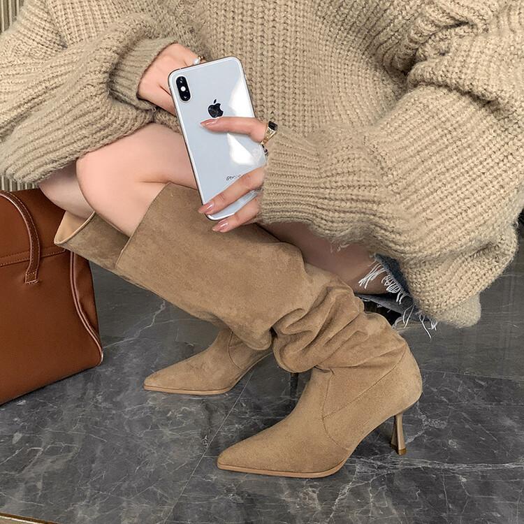 Big tube stacking boots pointed boots women's thin heel high boots high heel thick leg knee boots