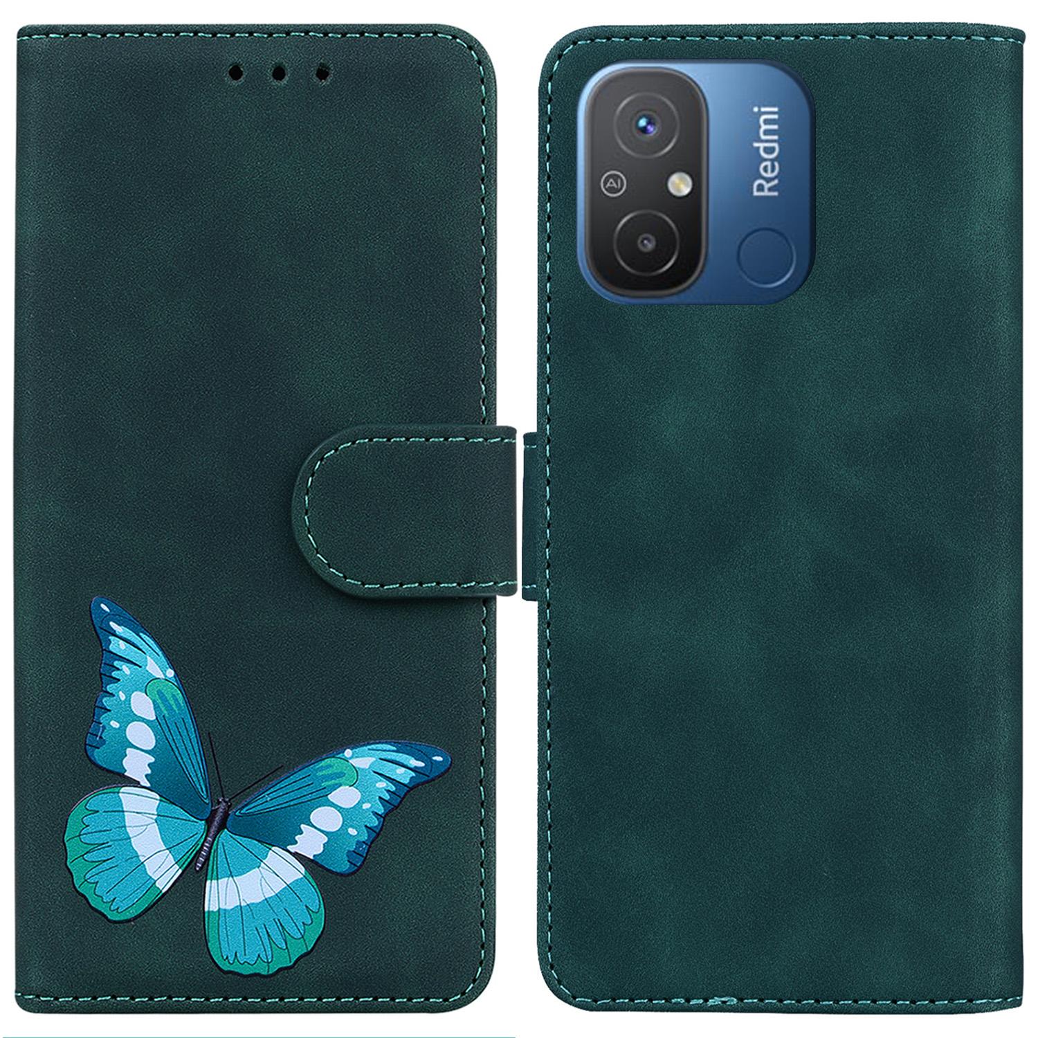 

For Xiaomi Redmi 11A 4G/12C 4G Anti-Fading PU Leather Cover Butterfly Printing Wallet Phone Case Green