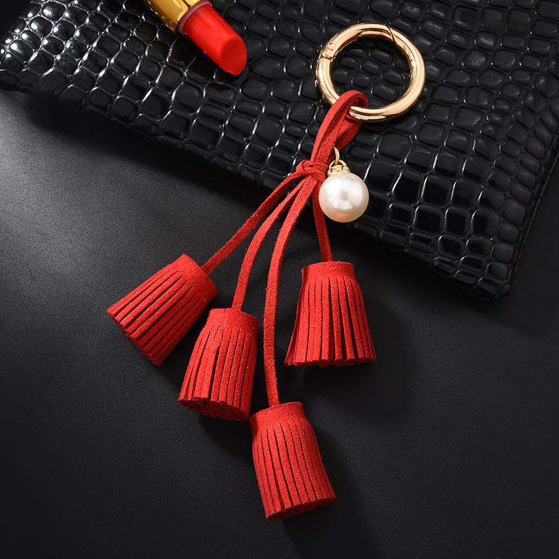Korean Velvet Tassel Keychain Leather Tassel Pearl Pendant Car Ornaments Female Key Chain Plush Bag Pendant