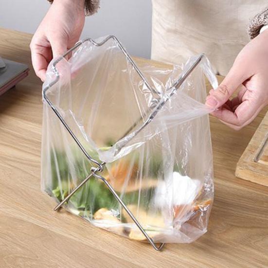 Stainless Steel Garbage Bag Holder Hanging Design Folding Structure Versatile Folding Waste Bin Stand No-installation Garbage Holder