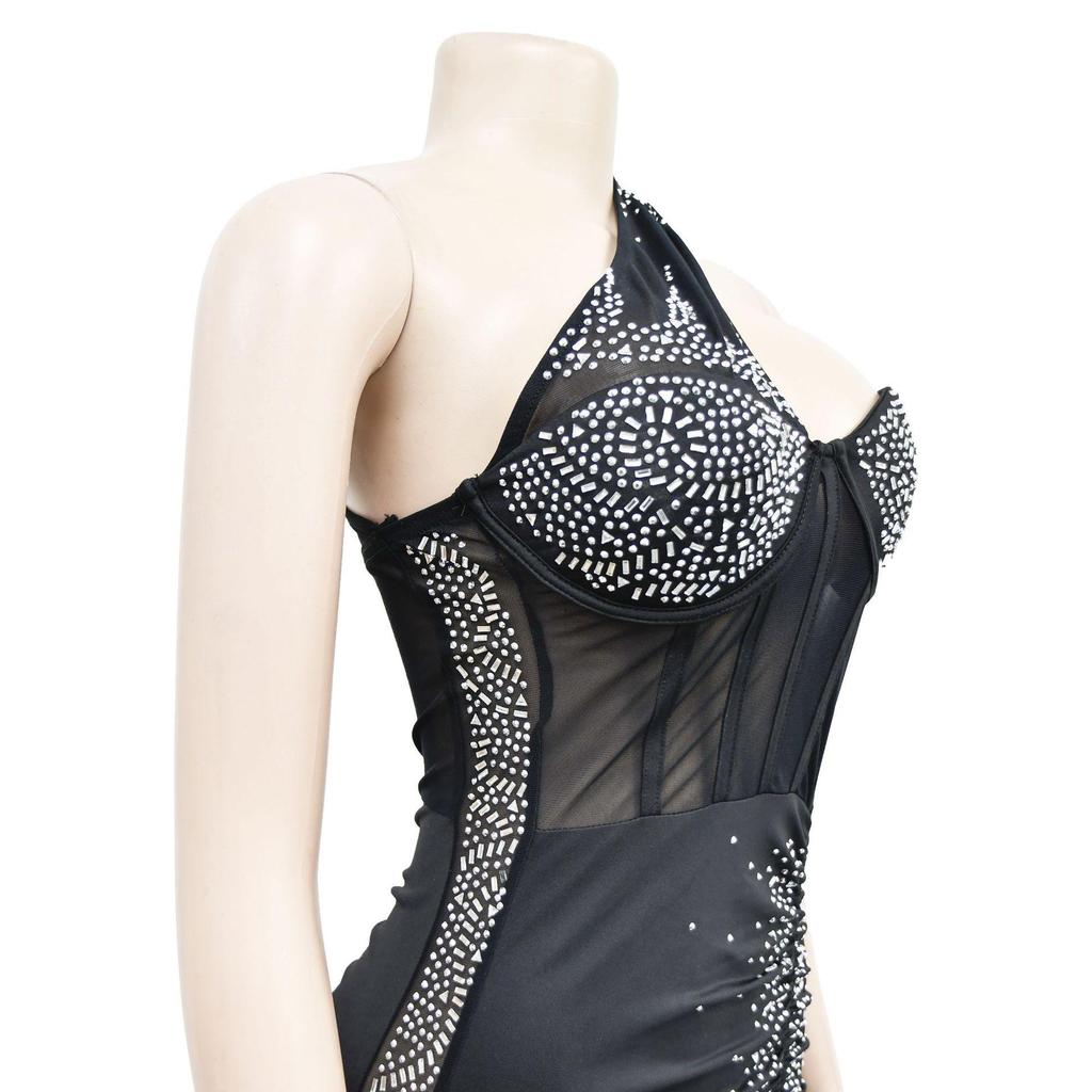 C6307 European & American Fashion Women's Solid Color Mesh Asymmetrical Neck Sleeveless Dress