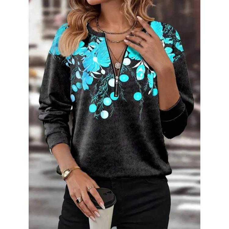 Color Block Printed V Neck T Shirts for Women Loose Casual Tops Long Sleeved High Street Autumn Geometry Zipper Clothes