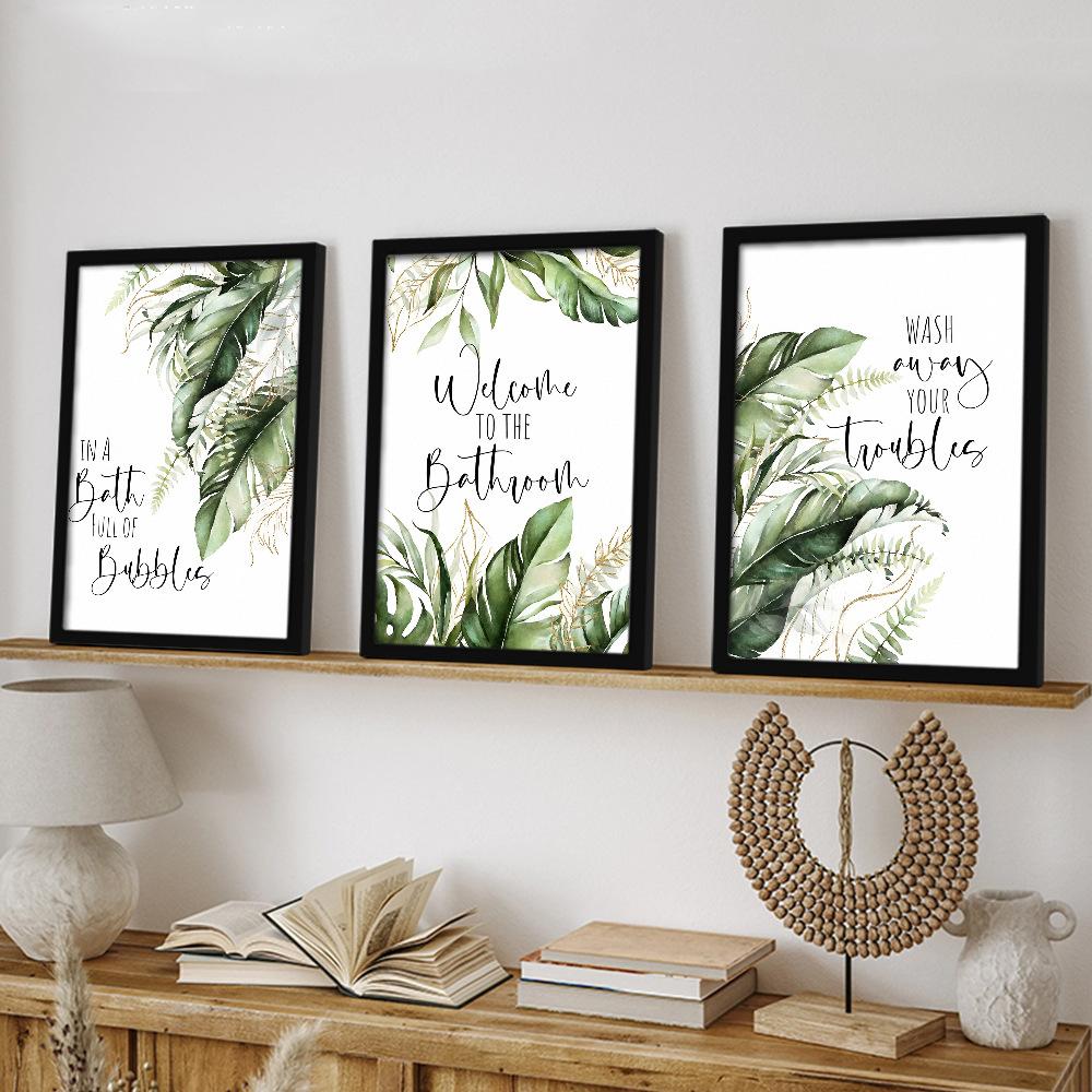 3pcs/set Green Color Plant Leaf Letter Art Oil Painting Canvas with Wood Frame Draw Wall Decor Home Decorations