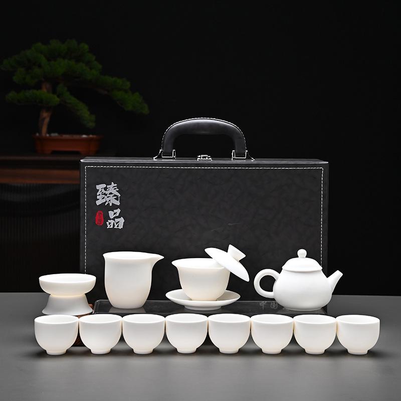 Kung Fu Mutton Fat Jade Gaiwan Teapot Set - Gold-Painted Luxury Tea Set