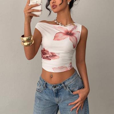 Sommar Ny Dam Av axeln Ärmlös Smal Passform Croptop Sexig Casual T-shirt för Gränsöverskridande Europa Amerika