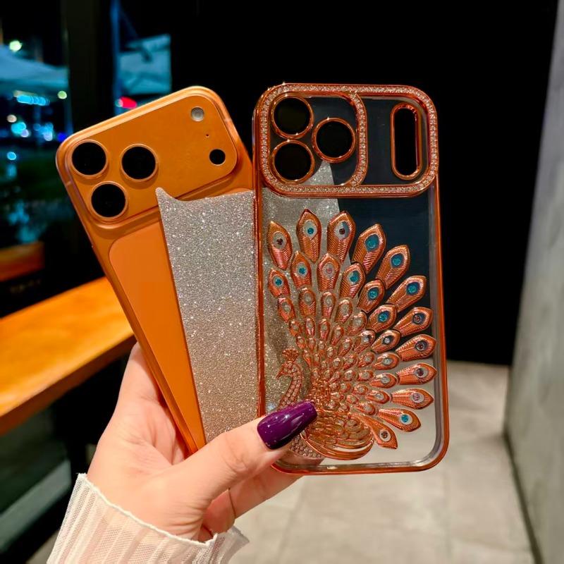 Peacock Plated Frame Glitter Stickers Rhinestone Lens Ring Case for For Iphone 17 Air 16 1 14 Plus 13 Pro Max Protect Soft Cover