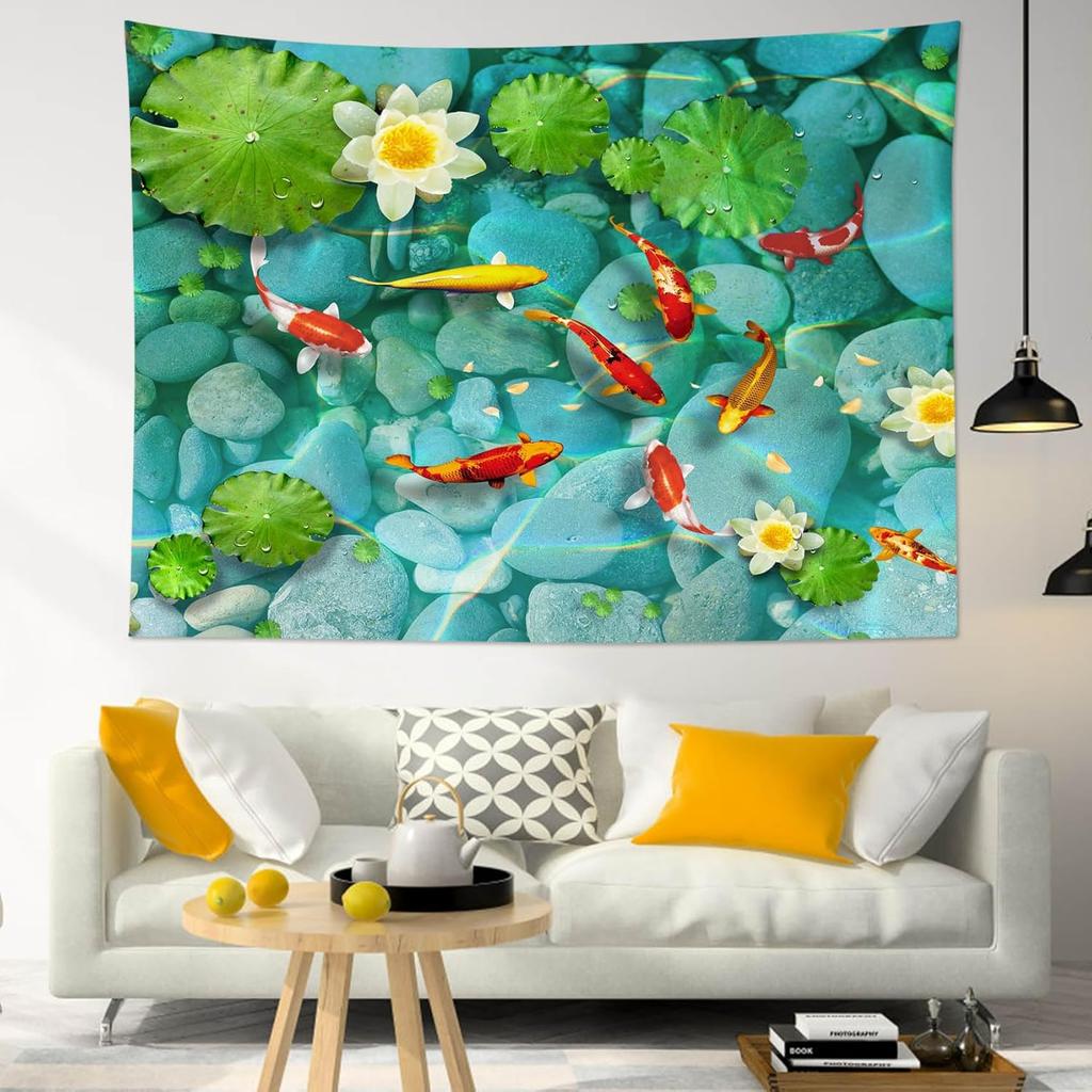 Fish Tapestry Japanese Carp in Lotus Pond Tapestry Wall Hanging Flower and Green Leaf Botanical Wall Art for Bedroom Living Room