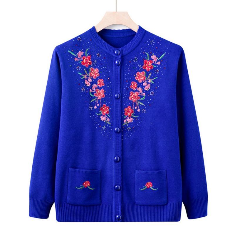 Middle-aged and old embroidered knitted sweater jacket grandma top cardigan long-sleeved sweater casual mom outfit old lady clothes