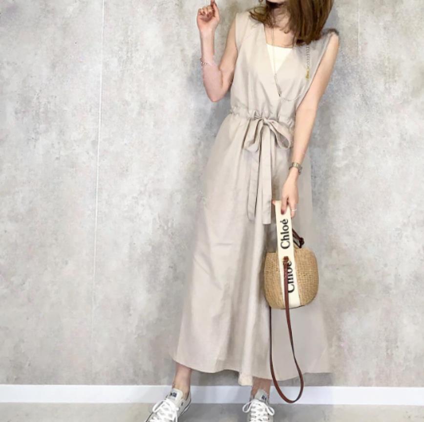 Women's Sleeveless Midi Dress V Neck Drawstring Waist Japanese Style Maxi Dress
