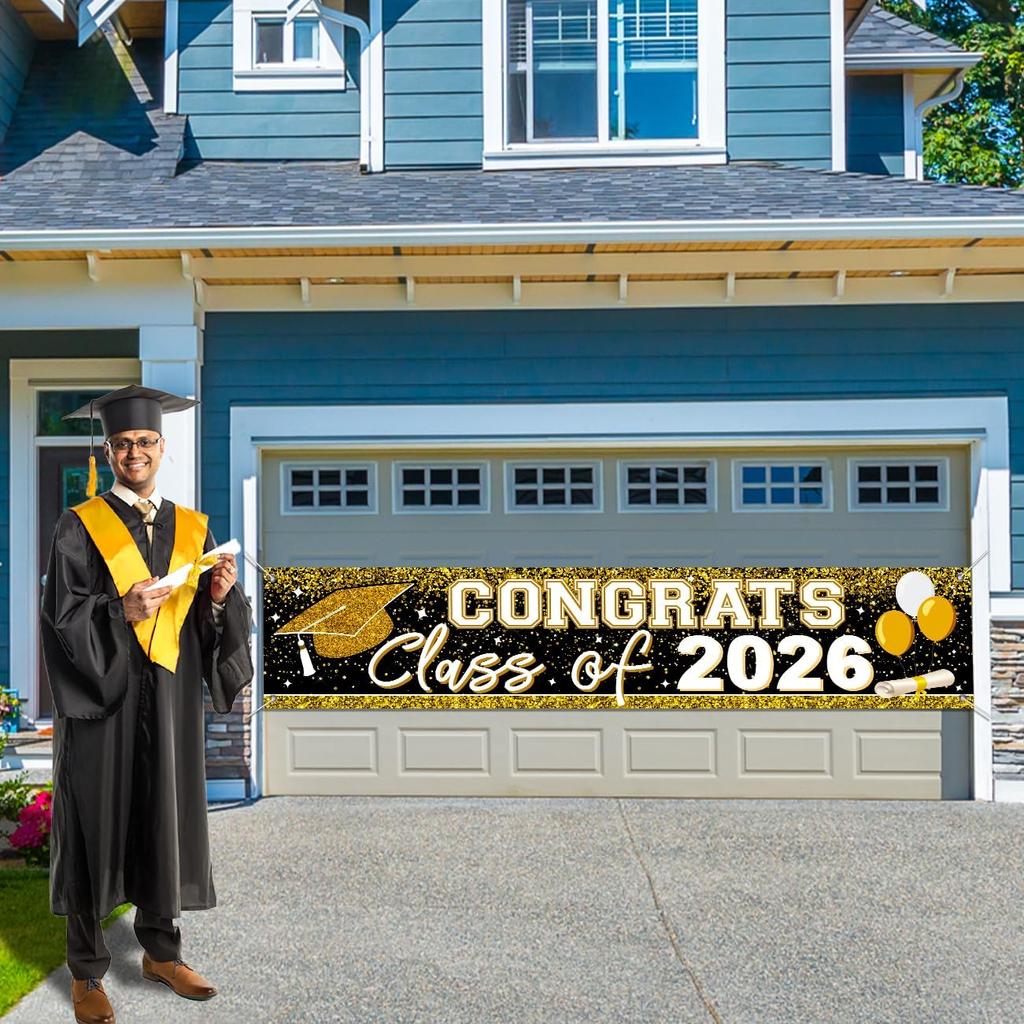 Large Congrats Grad Banner Gold Class of 2026 Banner Backdrop Graduation 2026 Yard Sign for Graduation Party Supplies Graduation Decorations 2026