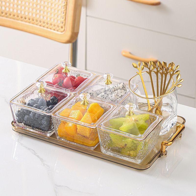 Elegant Glass Snack and Candy Serving Plate 5-Compartment with Lid & Fork Jar