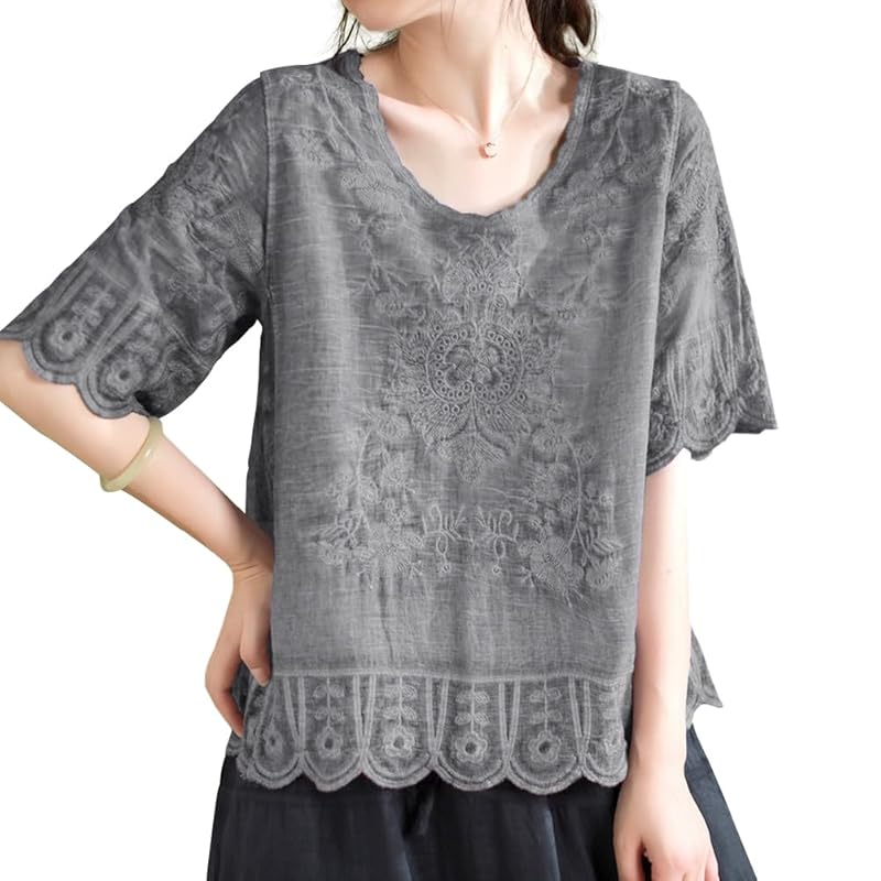 

[Bidason] blouse ladies shirt short sleeve embroidery cotton breathable Thin Cooling measures UV cut Relaxing body shape cover adult Feeling of