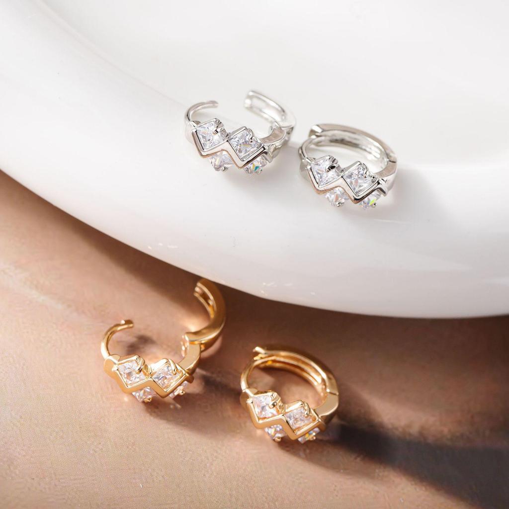 Korean-Style Geometric Earrings: Two-Color Gold & Silver Zircon Studs
