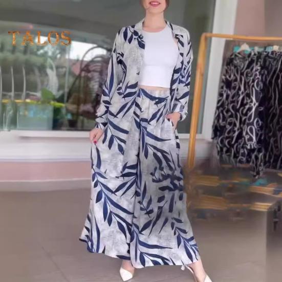 2-teiliges Set mit Hemd und Hose für Damen, Umlegekragen, einreihig, Blätterdruck, lange Ärmel, lockeres Oberteil in mittlerer Länge, elastische Taille, Hose mit weitem Bein, Sport