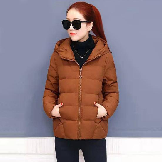 Kvinner vinterhettejakke Ensfarget langermet løs tykk varm bomullsjakke for kaldt vær Matchende Streetwear yttertøy