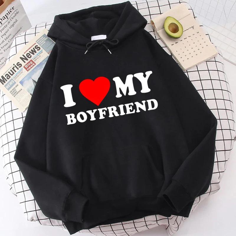 Valentine's Day I Love My Boyfriend Girlfriend Printed Hoodie Sweatshirt Unisex Pullover Long Sleeve Hooded