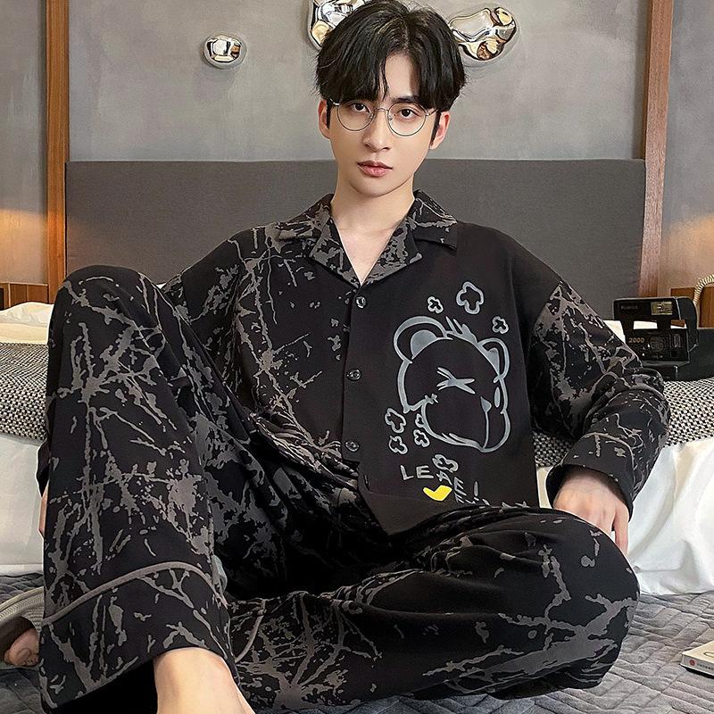 Cotton Men's Pajamas Spring and Autumn Long-Sleeved Nightwear New Cardigan Plaid Wind Homewear Sleepwear Loungewear