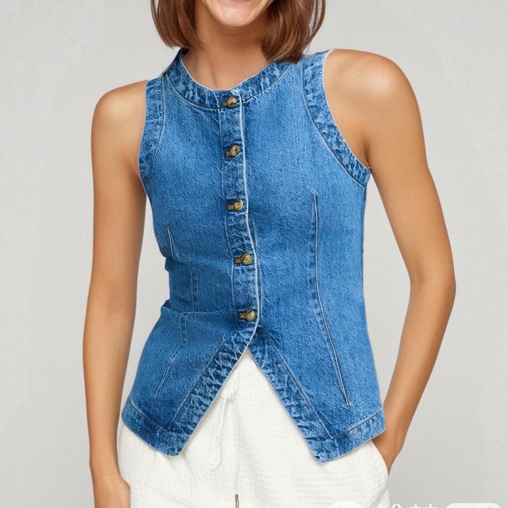 Women's Fashion Casual Sleeveless Button Down Denim Waistcoat