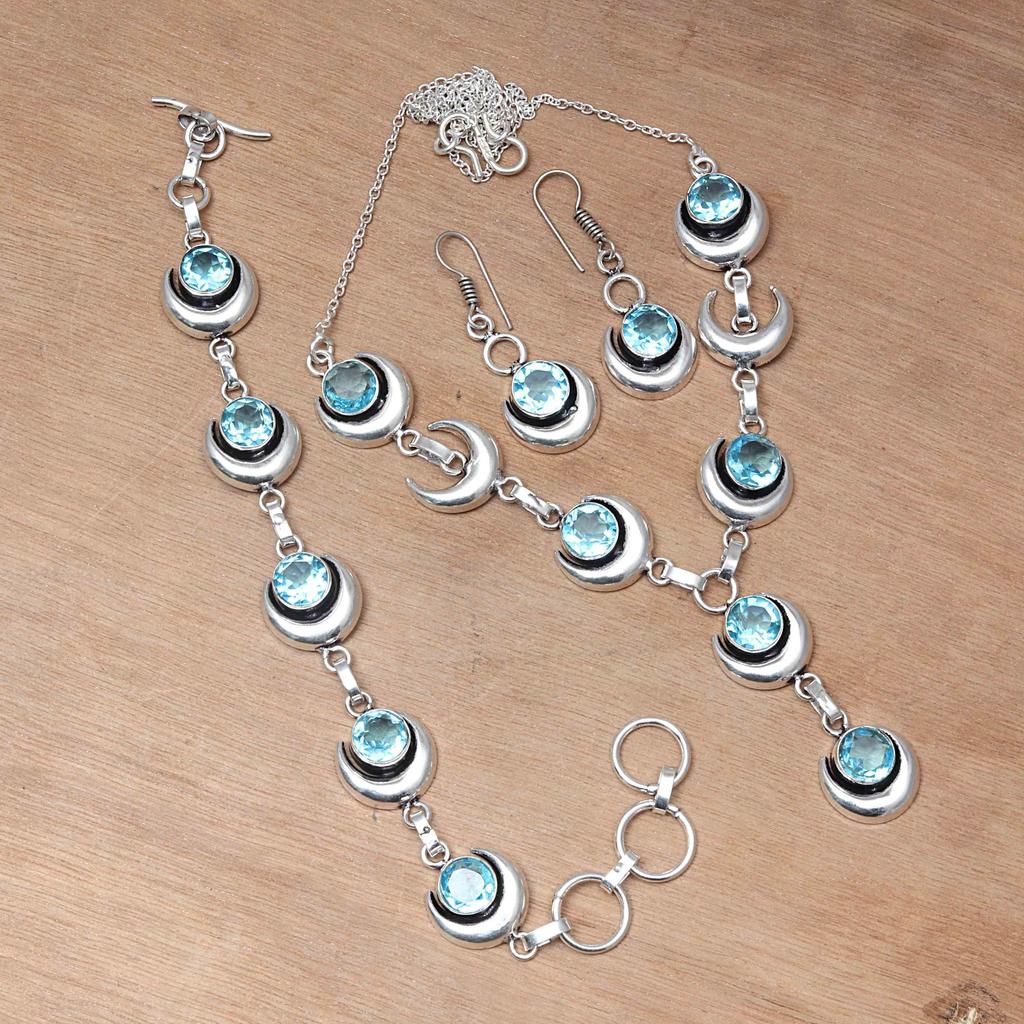 Swiss Blue Quartz Gemstone Women's Unisex Jewelry Necklace Set 18-20''
