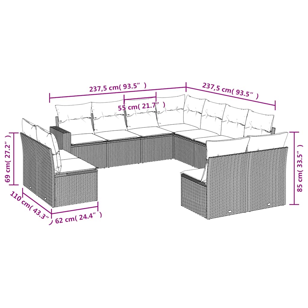 Vidaxl 11-Cz. Garden Lounge Set, Cushions Black Rattan Pe