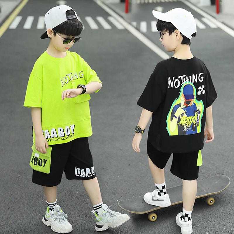 Kids' Summer Casual Short Sleeve Two-Piece Set with Five-Point Pants