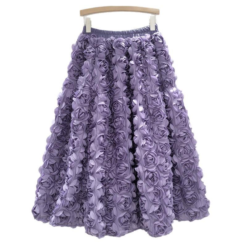 Damska spódnica midi A-line z wysokim stanem i kwiatowym wzorem 3D na rok 2025