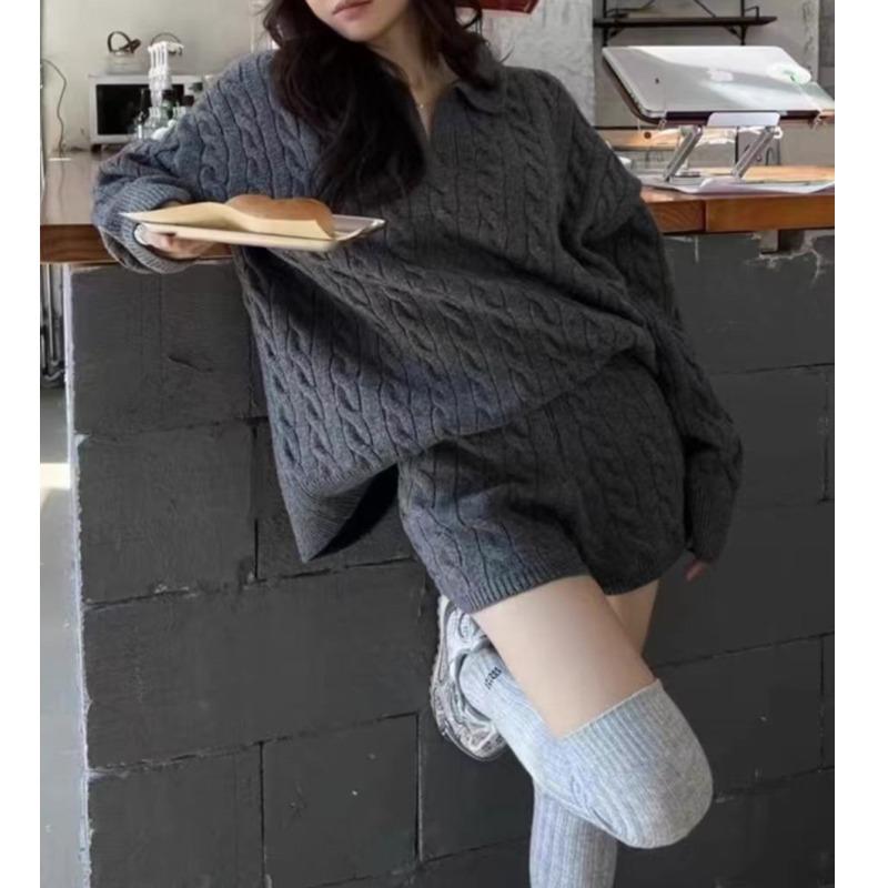 Elegant Fashion Autumn Winter Pullover Women Sweater Knitted Shorts 2 Two Piece Sets Loose Office Outfits Lapel Casual Long Sleeve Tops