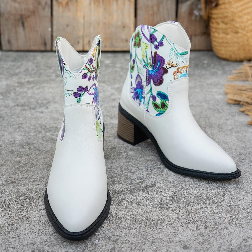 European and American large-size pointed short cowboy boots women's autumn and winter new low-heeled color matching Martin boots women's boots