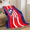 Red and white vertical stripes with a blue-bordered shield featuring stars and a bear. for all seasons blanket lunch break throw gift